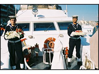 Preparing to lay wreaths at sea in memory of H.M.S. Spartan.